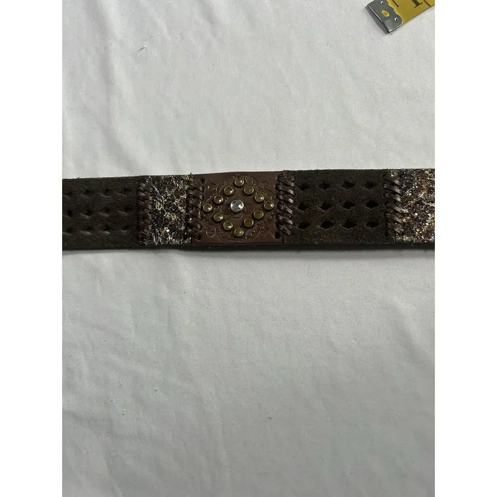 Vintage Nine West Leather Rhinestone Sparkle Belt Womens Size 36 Brown Classic